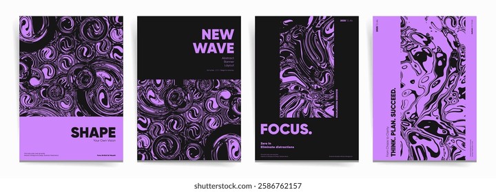 Futuristic Brochure Design. Bold Book Cover Template. Abstract Poster Layout. Neon Banner. Fluid Flyer. Corporate Report. Digital Presentation. Dark Background. Artistic Advertising. Swirling Blacklig