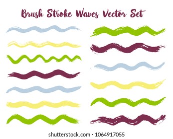 Futuristic brush stroke waves vector set. Hand drawn green blue brushstrokes, ink splashes, watercolor splats, hand painted curls. Vector ink color palette swatches. Textured waves, stripes design.