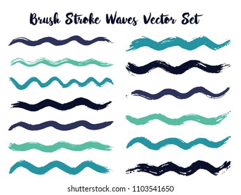 Futuristic brush stroke waves vector set. Hand drawn teal brushstrokes, ink splashes, watercolor splats, hand painted curls. Interior colors scheme elements. Wavy stripes vector set.