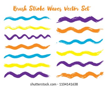 Futuristic brush stroke waves vector set. Hand drawn orange brushstrokes, ink splashes, watercolor splats, hand painted curls. Interior paint color palette elements. Summer design paint brush curves.