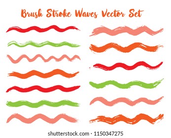 Futuristic brush stroke waves vector set. Hand drawn pink green brushstrokes, ink splashes, watercolor splats, hand painted curls. Vector ink color palette swatches. Summer design paint brush curves.