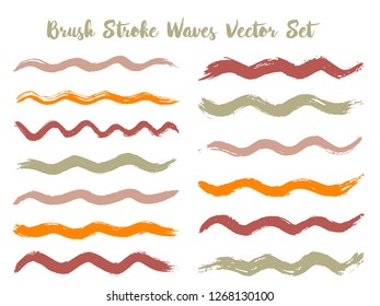 Futuristic brush stroke waves vector set. Hand drawn orange grey brushstrokes, ink splashes, watercolor splats, hand painted curls. Interior colors guide book samples. Wavy stripes vector set.