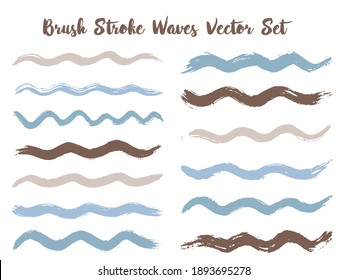 Futuristic brush stroke waves vector set. Hand drawn blue brown brushstrokes, ink splashes, watercolor splats, hand painted curls. Vector ink color palette samples. Textured waves, stripes design.