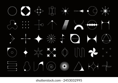 Futuristic brutalism abstract shapes and elements, geometric figures. Futuristic retro symbols, geometric linear shapes or abstract brutalism vector figures. Graphic modern design elements set