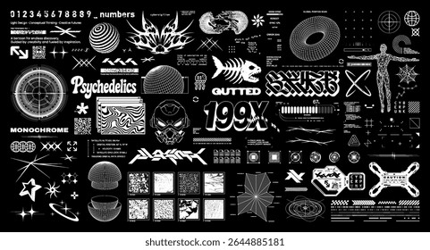 Futuristic brutalism graphic box for streetwear, typography, prints t-shirt. Y2K and HUD elements in retrofuturistic set with 3D wireframes shapes, digital lettering, cyberpunk elements. Vector set