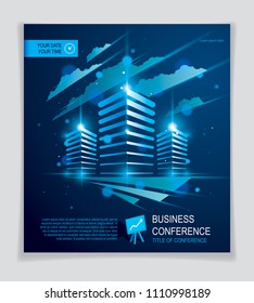 Futuristic building ad, modern vector architecture brochure with blurred lights and glares effect. Real estate realty business center blue design. 3D futuristic facade business conference template.