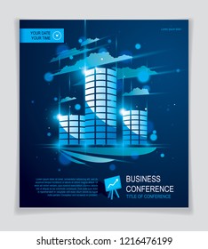 Futuristic building ad, modern vector architecture brochure with blurred lights and glares effect. Real estate realty business center blue design. 3D futuristic facade business conference template.