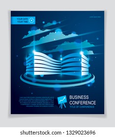 Futuristic building ad, modern vector architecture brochure with blurred lights and glares effect. Real estate realty business center blue design. 3D futuristic facade business conference template.