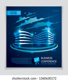 Futuristic building ad, modern vector architecture brochure with blurred lights and glares effect. Real estate realty business center blue design. 3D futuristic facade business conference template.