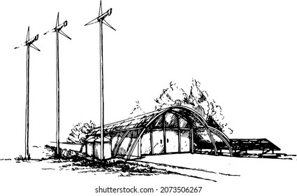 futuristic building concept 3d sketch black and white house with cylindrical roof greenhouse green clean energy. solar panels,  wind turbine , trees on background, big windows, arch beam