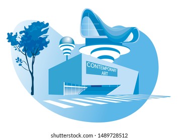 Futuristic Building with Creative Design and Contemporary Art Inscription on Entrance, Fashioned Exterior with Curvy Lines, Glass and Concrete Surface, Tree, Crosswalk Cartoon Flat Vector Illustration