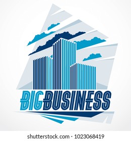 Futuristic building, modern style vector architecture illustration. Real estate realty business center design. 3D business office facade in big city. Can be used as a logo or icon.