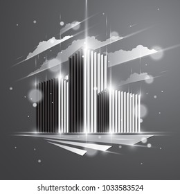 Futuristisches Gebäude, moderne Vektorarchitektur-Illustration mit unscharfem Licht und Glares-Effekt. Immobiliengeschäft Business Center graues monochromes Design. 3D Business Office Fassade in der Stadt.