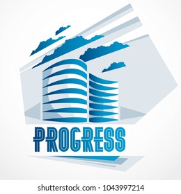 Futuristic building, modern style vector architecture illustration. Real estate realty business center design. 3D business office facade in big city. Can be used as a logo or icon.