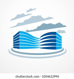 Futuristic building, modern style vector architecture illustration. Real estate realty business center design. 3D business office facade in big city. Can be used as a logo or icon.