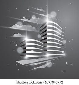 Futuristic building, modern style vector architecture illustration with blurred lights and glares effect. Real estate realty business center grey monochrome design. 3D business office facade in city.