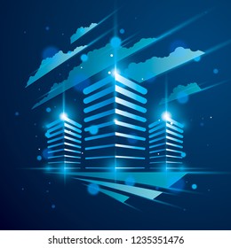 Futuristic building, modern style vector architecture illustration with blurred lights and glares effect. Real estate realty business center blue design. 3D business office facade in big city.