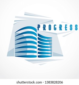 Futuristic building, modern style vector architecture illustration. Real estate realty business center design. 3D business office facade in big city. Can be used as a logo or icon.