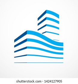 Futuristic building, modern style vector architecture illustration. Real estate realty business center design. 3D business office facade in big city. Can be used as a logo or icon.