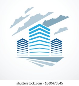 Futuristic building, modern style vector architecture illustration. Real estate realty business center design. 3D business office facade in big city. Can be used as a logo or icon.