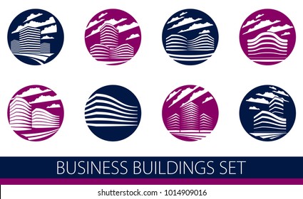Futuristic building round shape icon or logos set, modern style vector architecture illustrations collection. Real estate realty business center designs. 3D business office facades in big city.