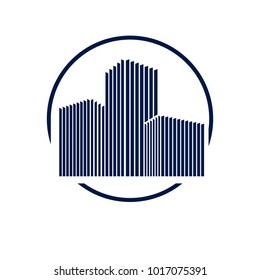 Futuristic building round shape icon or logo, modern style vector architecture illustration. Real estate realty business center design. 3D business office facade in big city.