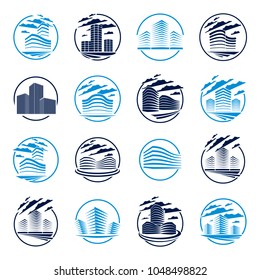 Futuristic building round shape icon or logos set, modern style vector architecture illustrations collection. Real estate realty business center designs. 3D business office facades in big city.