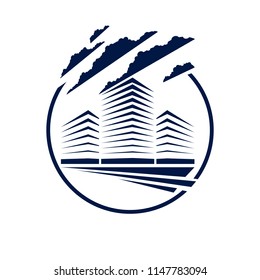 Futuristic building round shape icon or logo, modern style vector architecture illustration. Real estate realty business center design. 3D business office facade in big city.