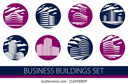 Futuristic building round shape icon or logos set, modern style vector architecture illustrations collection. Real estate realty business center designs. 3D business office facades in big city.