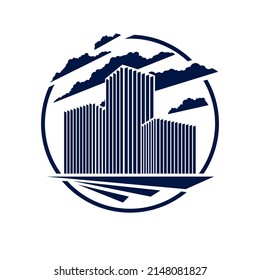 Futuristic building round shape icon or logo, modern style vector architecture illustration. Real estate realty business center design. 3D business office facade in big city.