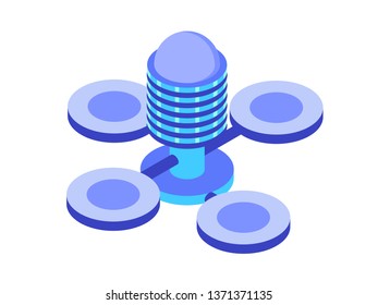 Futuristic building. Round tower with platforms for drones or helicopters. Vector isometric illustration. Design element for games, apps, websites, maps etc. Isolated on white background.