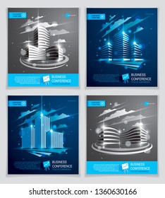 Futuristic buildings ads set, modern vector architecture brochures with blurred lights effect. Real estate realty business center blue designs. 3D futuristic facade business conference templates.