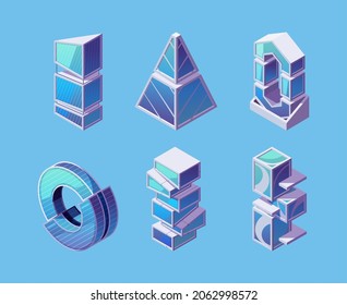 Futuristic buildings. Isometric modern skyscrapers geometric fantasy house of future innovate model metropolis garish vector 3d templates