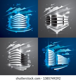 Futuristic buildings set, modern vector architecture illustrations with blurred lights and glares effects. Real estate realty business center blue and grey designs. 3D business office facades in city.