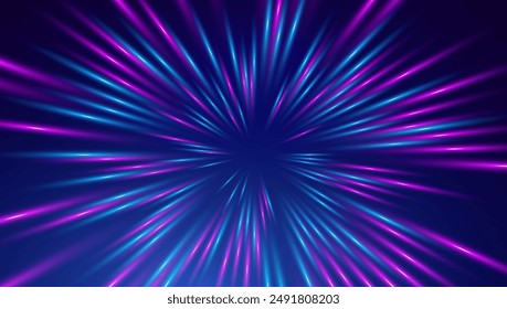 Futuristic burst of light rays with blue, purple, and pink hues