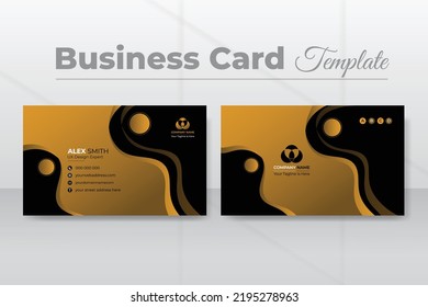 Futuristic business card design template, Modern shape with abstract golden color, Dark and luxurious gradient background.