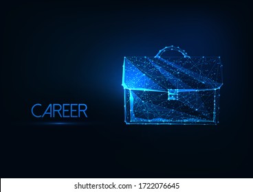 Futuristic business career concept with glowing low polygonal brief case isolated on dark blue background. Modern wire frame mesh design vector illustration. 