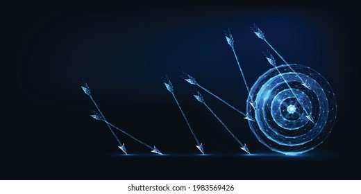 Futuristic Business challenge failure concept with glowing low polygonal arrows and target