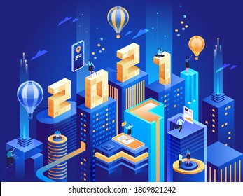 Futuristic Business City In Isometric View With 2021 Numbers. Happy New Year Business Concept. Abstract Modern Skyscrapers, Urban Cityscape, Employees Work At Downtown. Vector Character Illustration