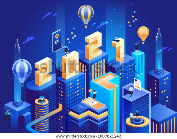 21年の数字で等角投影図の未来的なビジネス都市 新年のおめでとうございます 抽象的な現代の高層ビル 都市の街並み 従業員は繁華街で働く ベクター画像の文字イラスト のベクター画像素材 ロイヤリティフリー