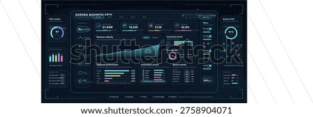 A futuristic business dashboard interface featuring various data visualizations, including revenue charts, conversion funnels, and regional performance metrics on a dark background.
