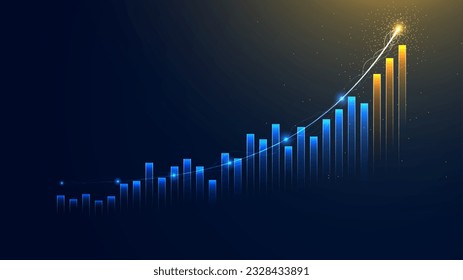 Futuristic business growth bar chart background. Successful financial boost and up arrow with lightning beam effect. Rising stock market economy illustration