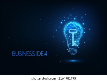 Futuristic business idea concept with glowing low polygonal lightbulb and key isolated on dark blue 