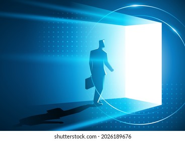 Futuristic Business Illustration Of A Businessman Walking Into A Bright Door