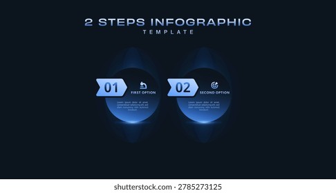Futuristic business infographic template featuring 2 glowing process steps, blue neon workflow diagram, modern technology presentation layout, clean vector chart visualization