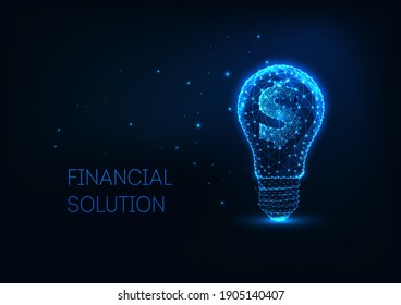 Futuristic business, money making, investment concept with glowing low polygonal lightbulb and dollar sign on dark blue background. Modern wireframe mesh design vector illustration.