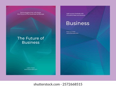 Futuristic business posters with geometric designs. Business themes, innovative ideas, and solutions. Modern business graphics with a tech focus. Digital business and big data template vector set.