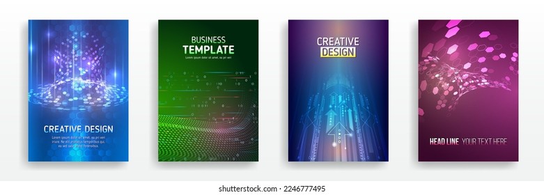 Futuristic business posters. Technology covers corporate documents. Layout template science designs. Brochure, flyer, book, annual report. Blue hi-tech vector illustrations for business presentations.