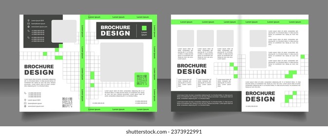 Futuristas soluciones de negocios biplicidad diseño de plantillas de folletos. Material de marketing con código QR. Juego de simulación de folletos de media pliegue con espacio de copia para texto. 2 folletos en papel editables. Tipo de letra arial utilizado