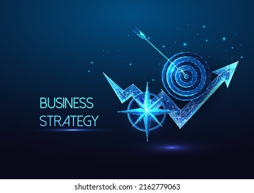 Futuristic business strategy, goals concept with glowing low poly growth chart, compass, and target